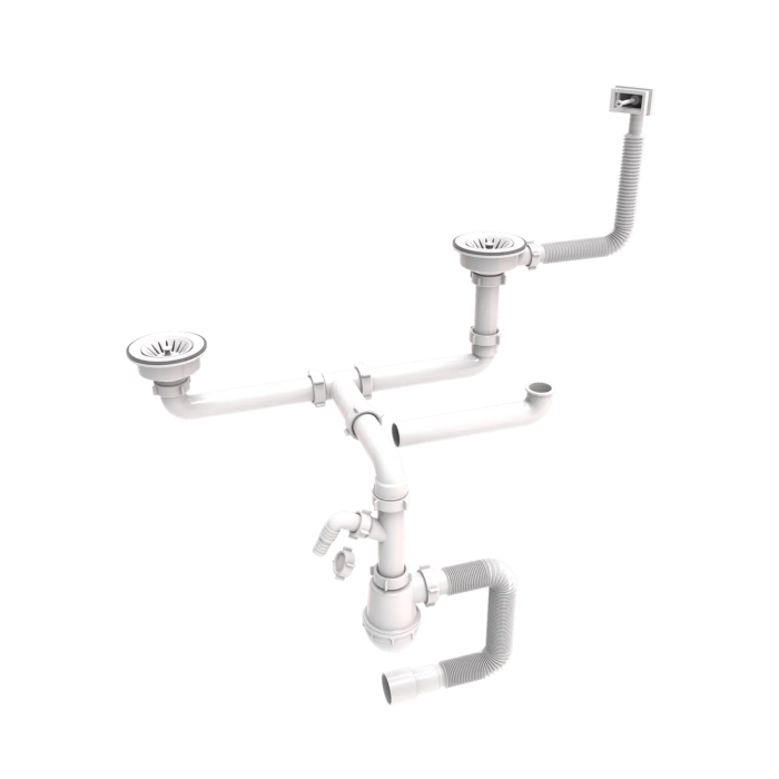 Double siphons for stainless steel sinks with stainless steel drain grid 115mm