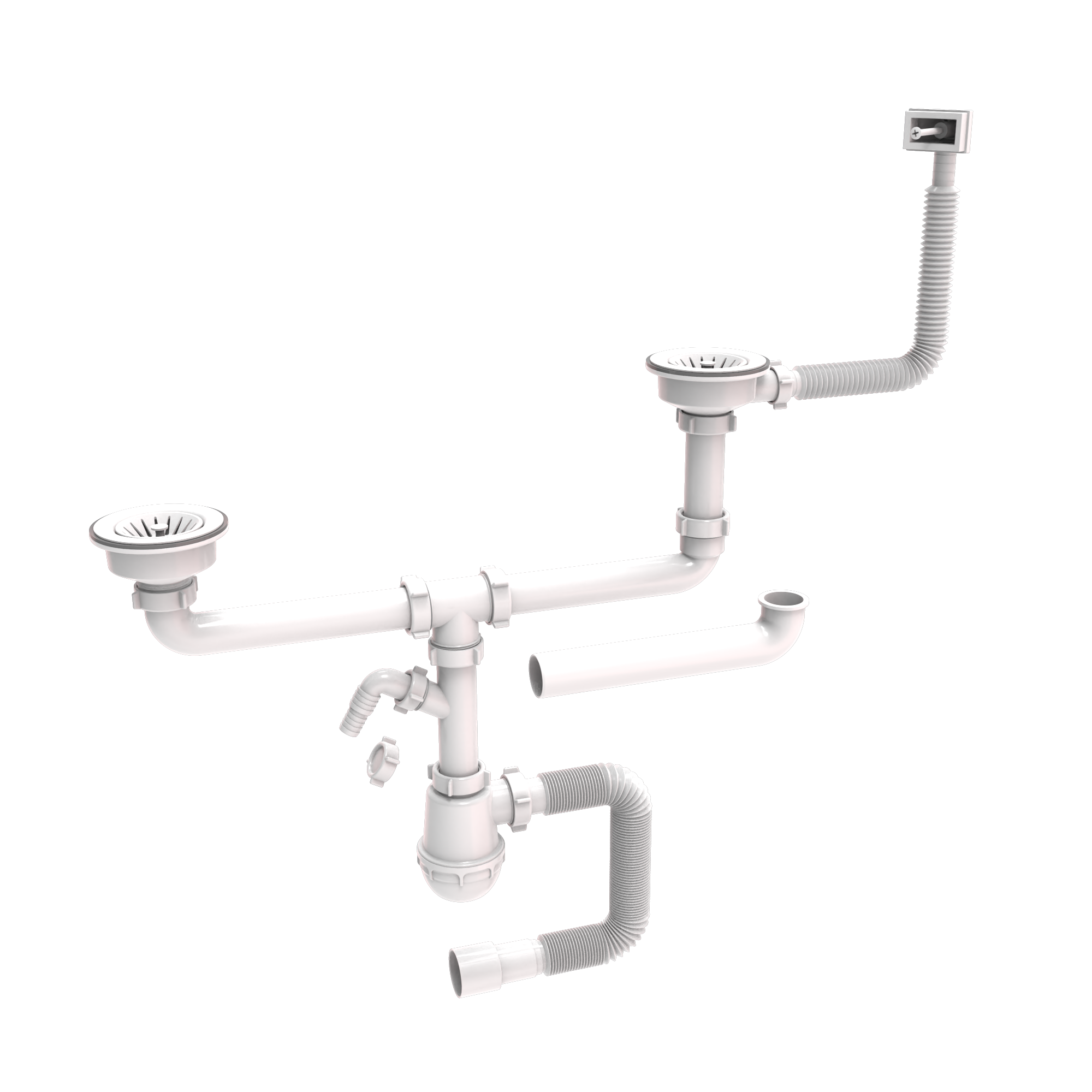 Double siphons for stainless steel sinks with plastic drain mesh 115mm